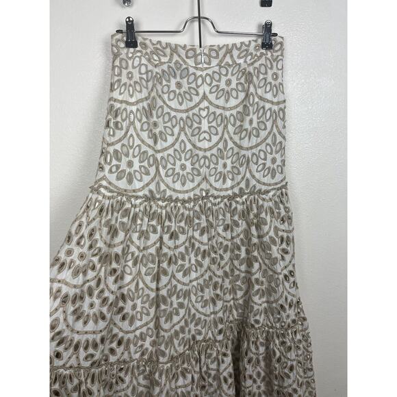 PINKO Size 6 White Tan Eyelet Embroidered Long Maxi Skirt Scalloped Hem - Picture 9 of 15